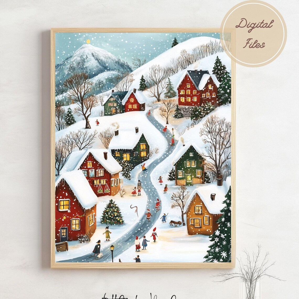 Snowy Christmas Mountain Village Kids Sledding Cozy Scene Poster