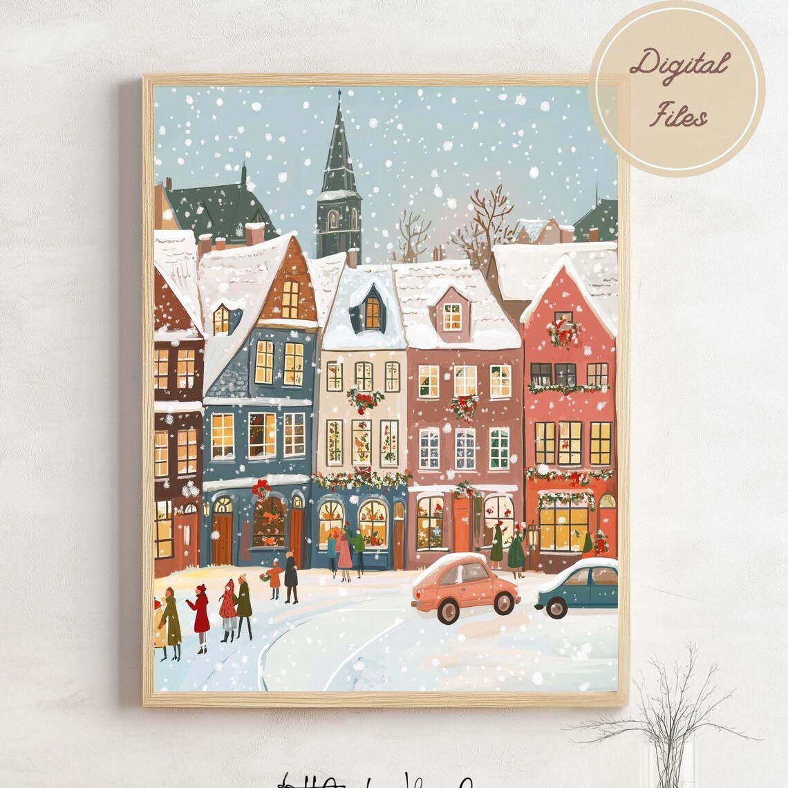 Retro Snowy Christmas Street With Vintage Cars And Shoppers Poster - Image 3