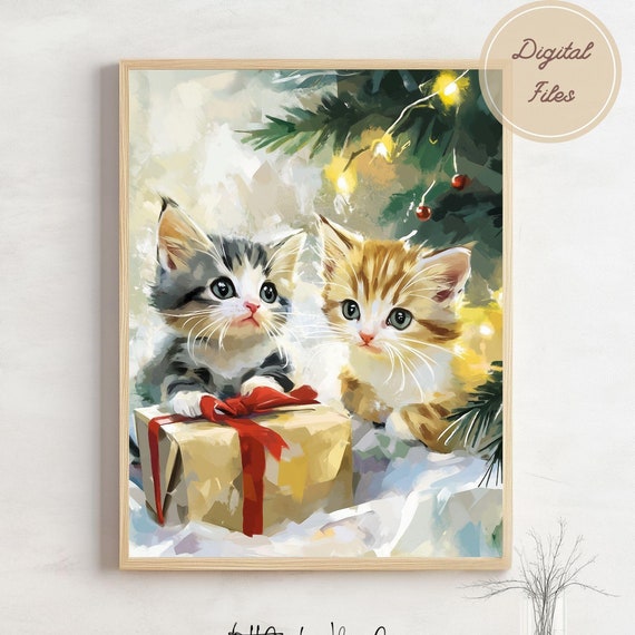 Cute Kitten Watercolor Wall Art Festive Home Decor Christmas Print Holiday Decor Cat Lover Gift