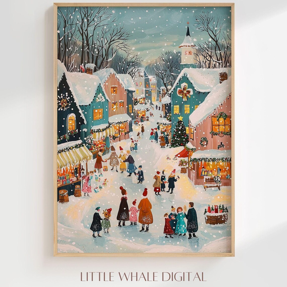 Snowy Christmas Market Wall Art Cozy Winter Town Print Holiday Home Decor Pastel Xmas Village Seasonal Art - Image 3