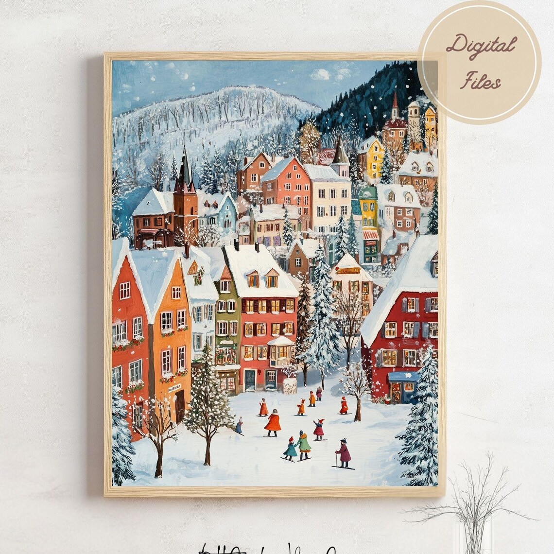 Snowy Mountain Town With Skiers In A Festive Winter Village Poster