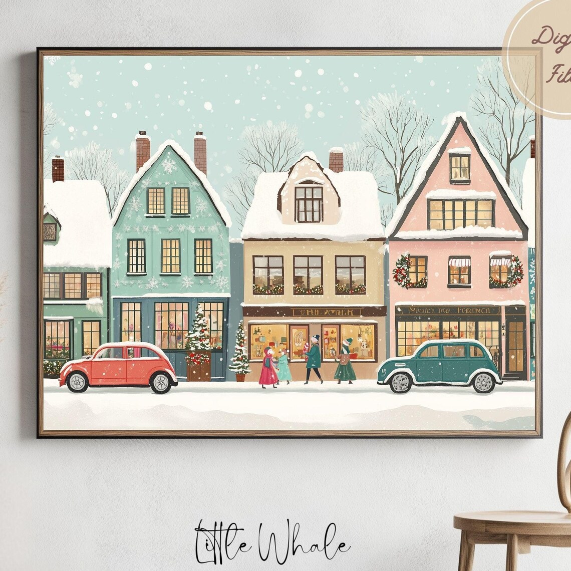 Vintage Cars On A Snowy Christmas Street Horizontal Retro Poster