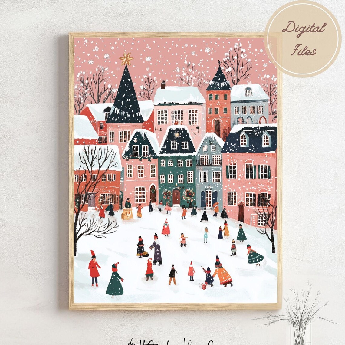 Pink Snowy Christmas Town With Ice Skaters Holiday Village Poster