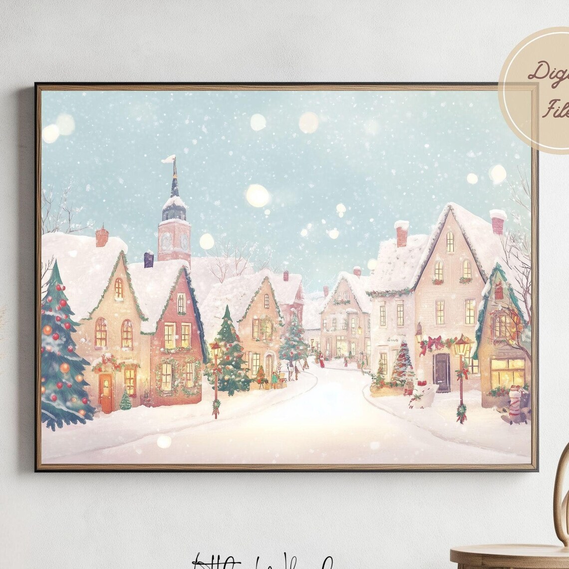 Pastel Christmas Village Street with Clock Tower and Snowfall Poster