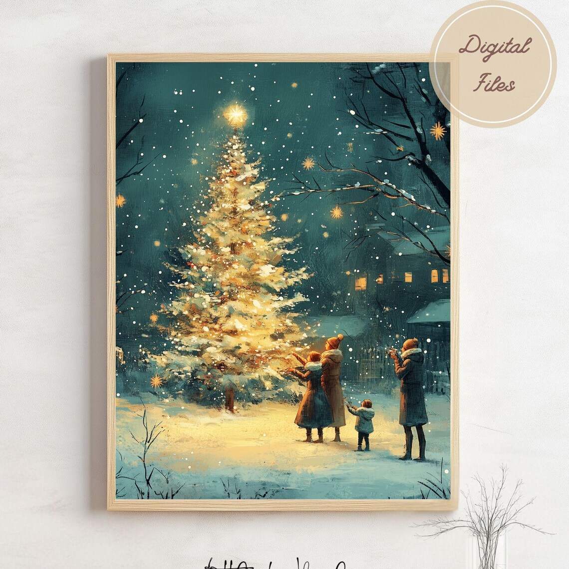 Family Gathered Around A Glowing Christmas Tree Snowy Night Poster