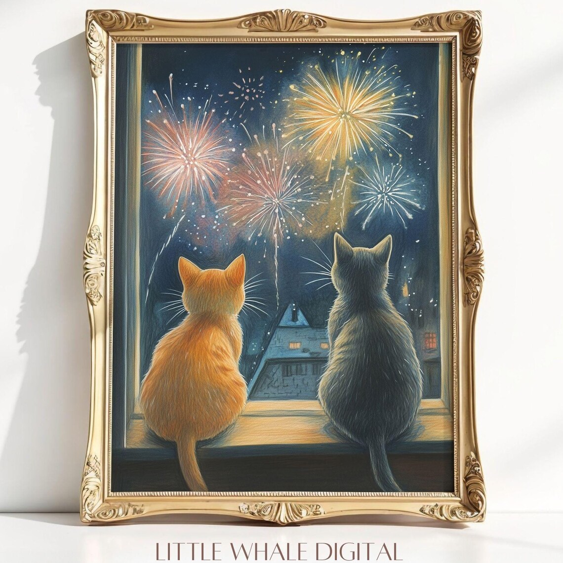 Two Cats Watching Fireworks From Window Night Sky Animal Poster