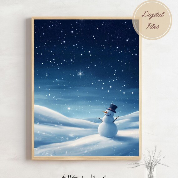 Snowman Under a Starry Night Sky on Snowy Hills Winter Scene Poster