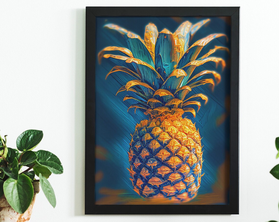 Golden Pineapple Vivid Oil Painting on Teal Blue Background Poster