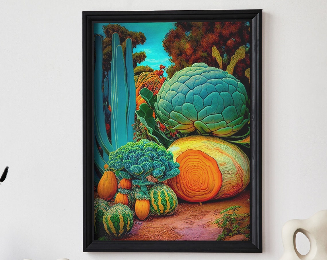 Surreal Teal Cabbage Melon Garden Vibrant Desert Vegetable Poster
