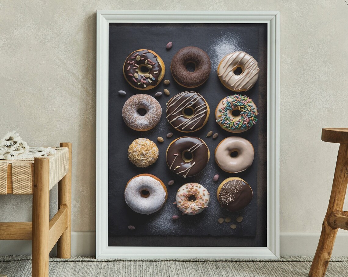 Dark Moody Chocolate Glazed Donuts Dozen Bakery Wall Decor Poster
