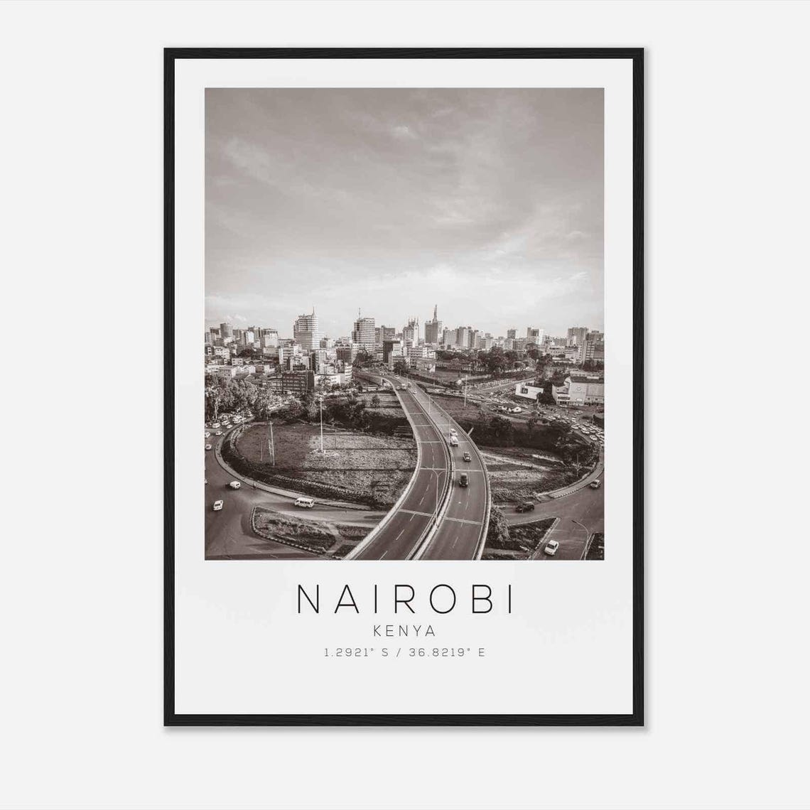 Nairobi Kenya Highway Interchange Skyline Black and White Photo Poster