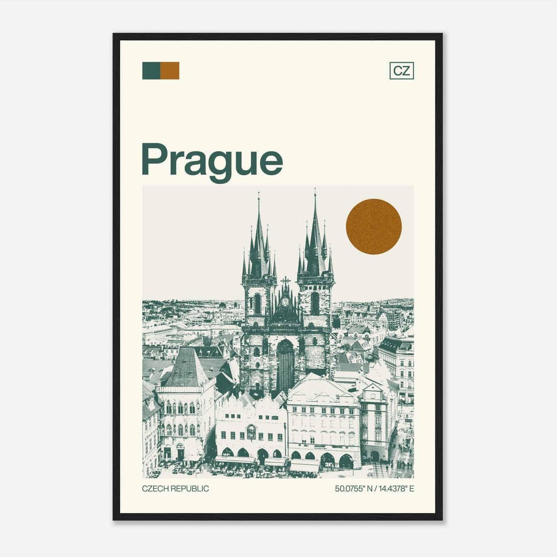 Prague Czech Republic Twin Spires Old Town Sun Duotone Travel Poster