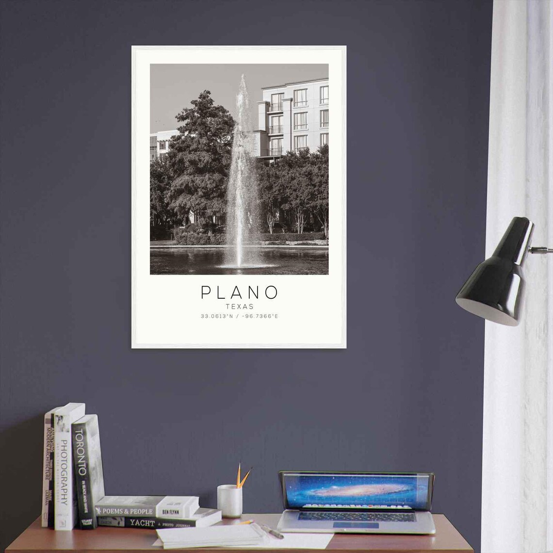 Plano Texas Tall City Fountain in a Pond Black and White Photo Poster - Image 3
