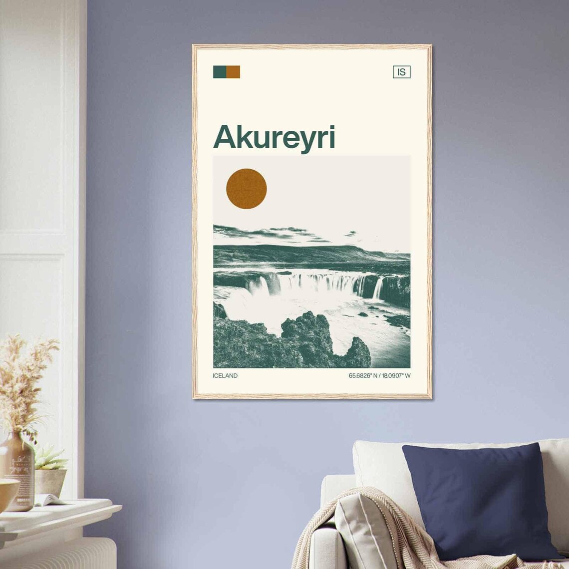 Akureyri Iceland Waterfall Nature Vintage Style Travel Poster - Image 2