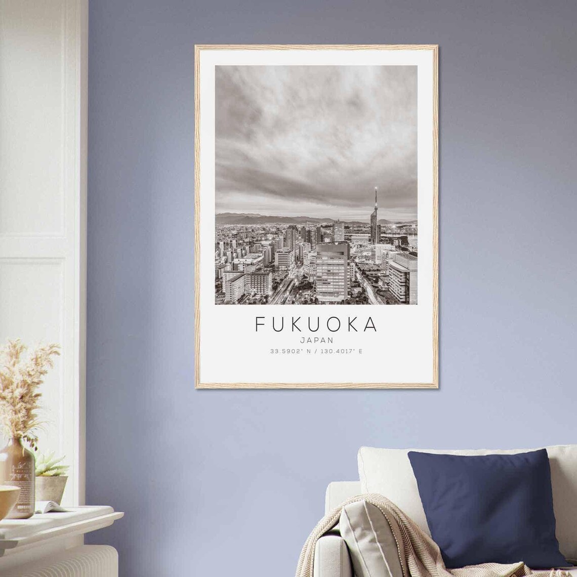 Fukuoka Japan Cityscape Skyline Black and White Travel Poster - Image 2