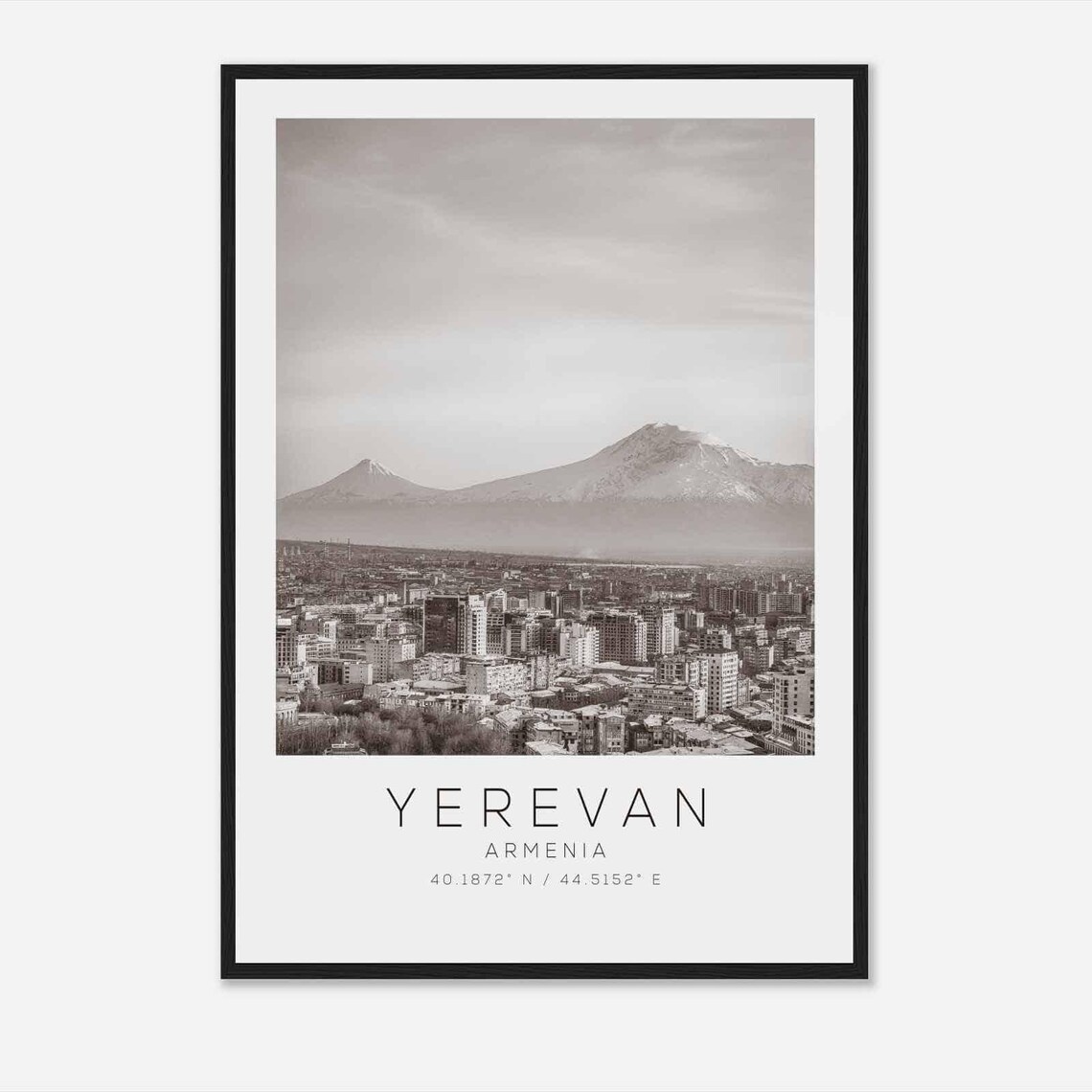 Yerevan Armenia Snowy Peaks Cityscape Black White Photo Poster