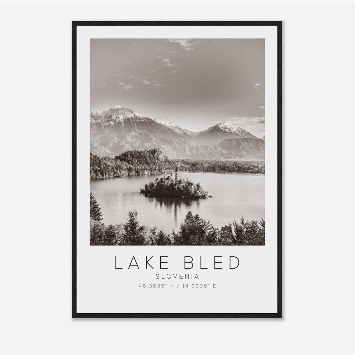 Lake Bled Slovenia Black White Island Church Mountain Poster