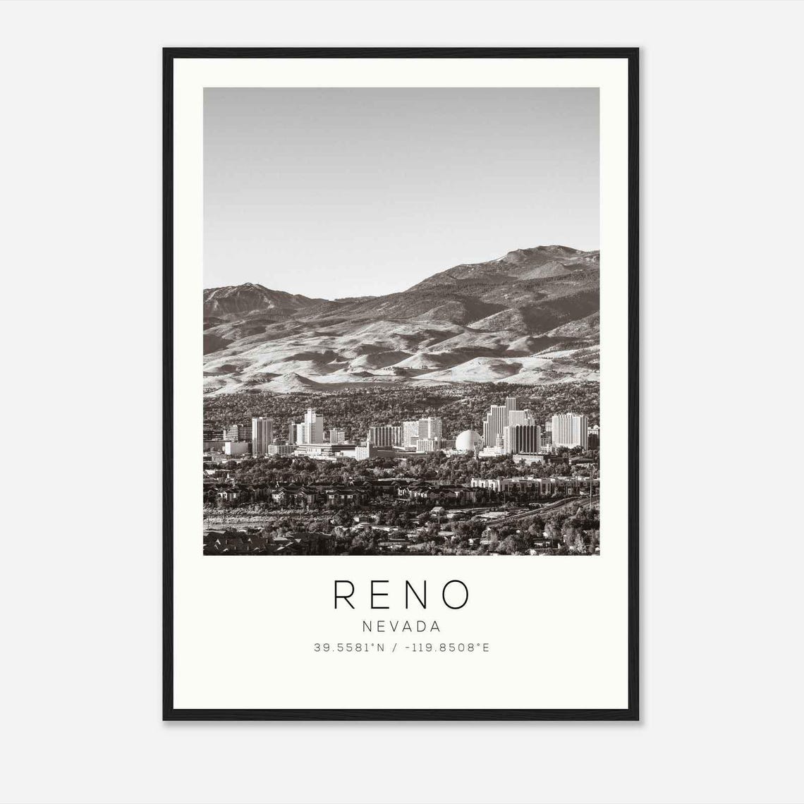 Reno Nevada City Mountain Skyline Black and White Photo Poster
