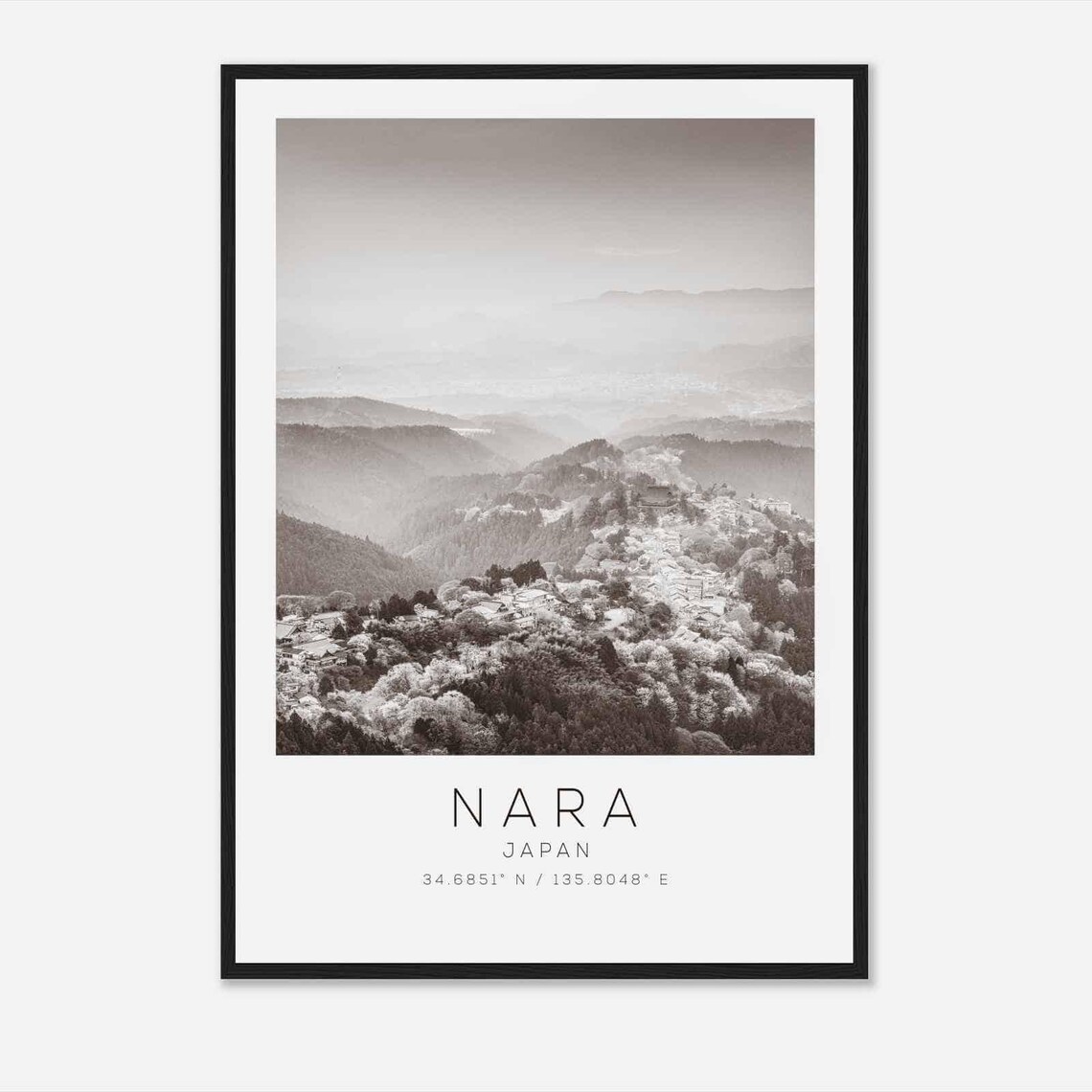 Nara Japan Misty Mountain Temples Black and White Photo Poster