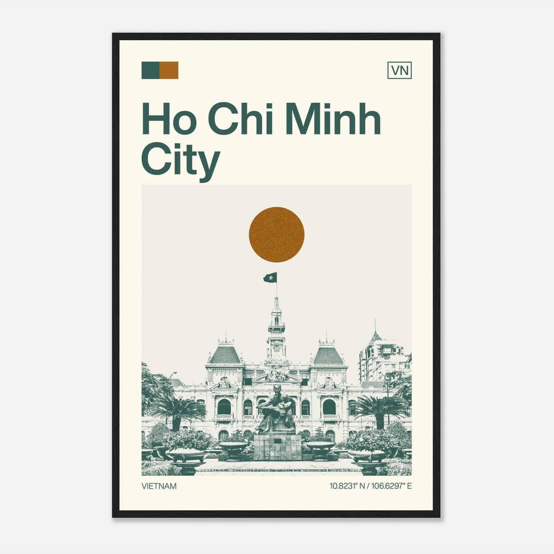 Ho Chi Minh City Vietnam Historic Hall Sun Minimalist Travel Poster