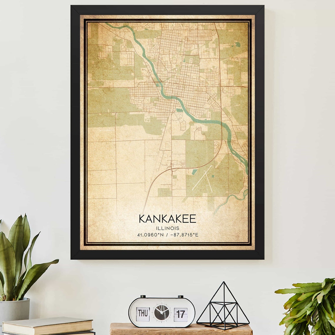 Vintage Kankakee Illinois City Map Sepia Street Grid Artwork Poster