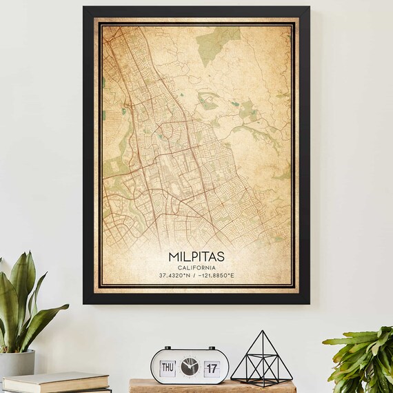 Milpitas California Vintage Style Street Map With Coordinates Poster