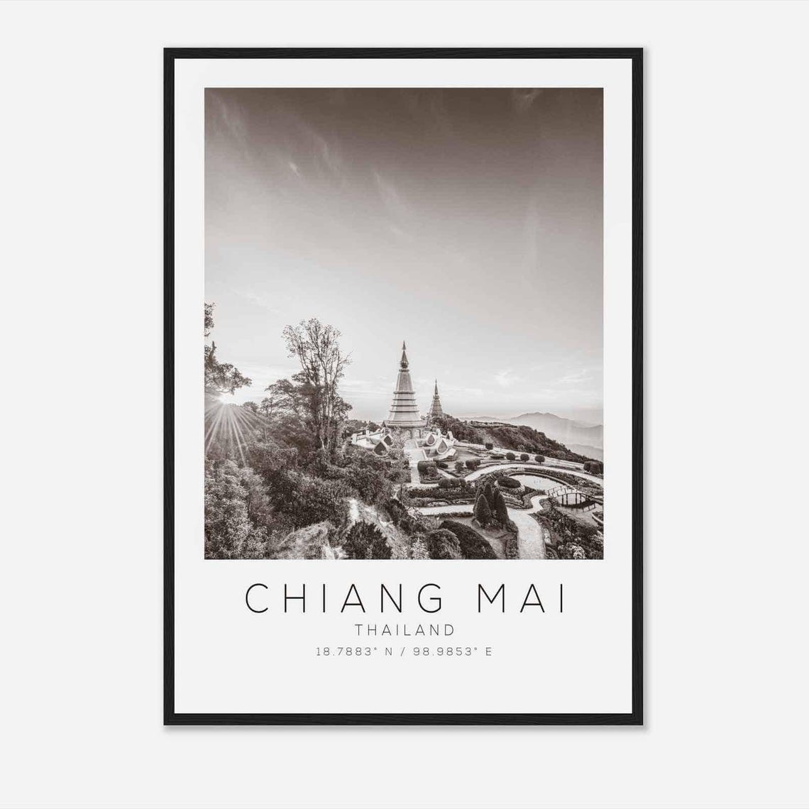 Chiang Mai Thailand Twin Temple Chedis Black and White Travel Poster