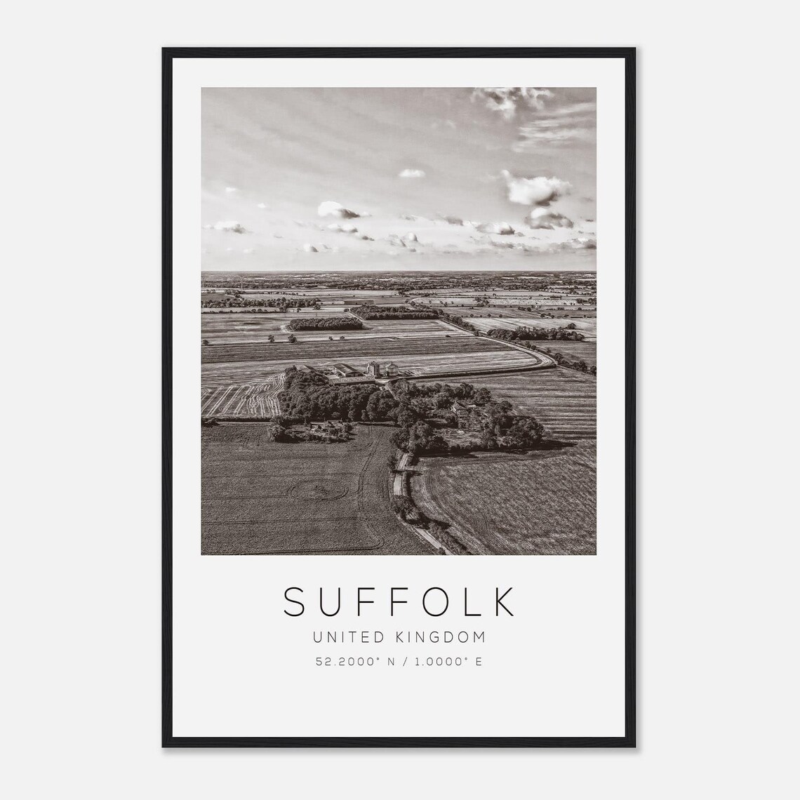 Suffolk England Rural Countryside Aerial Monochrome Travel Poster