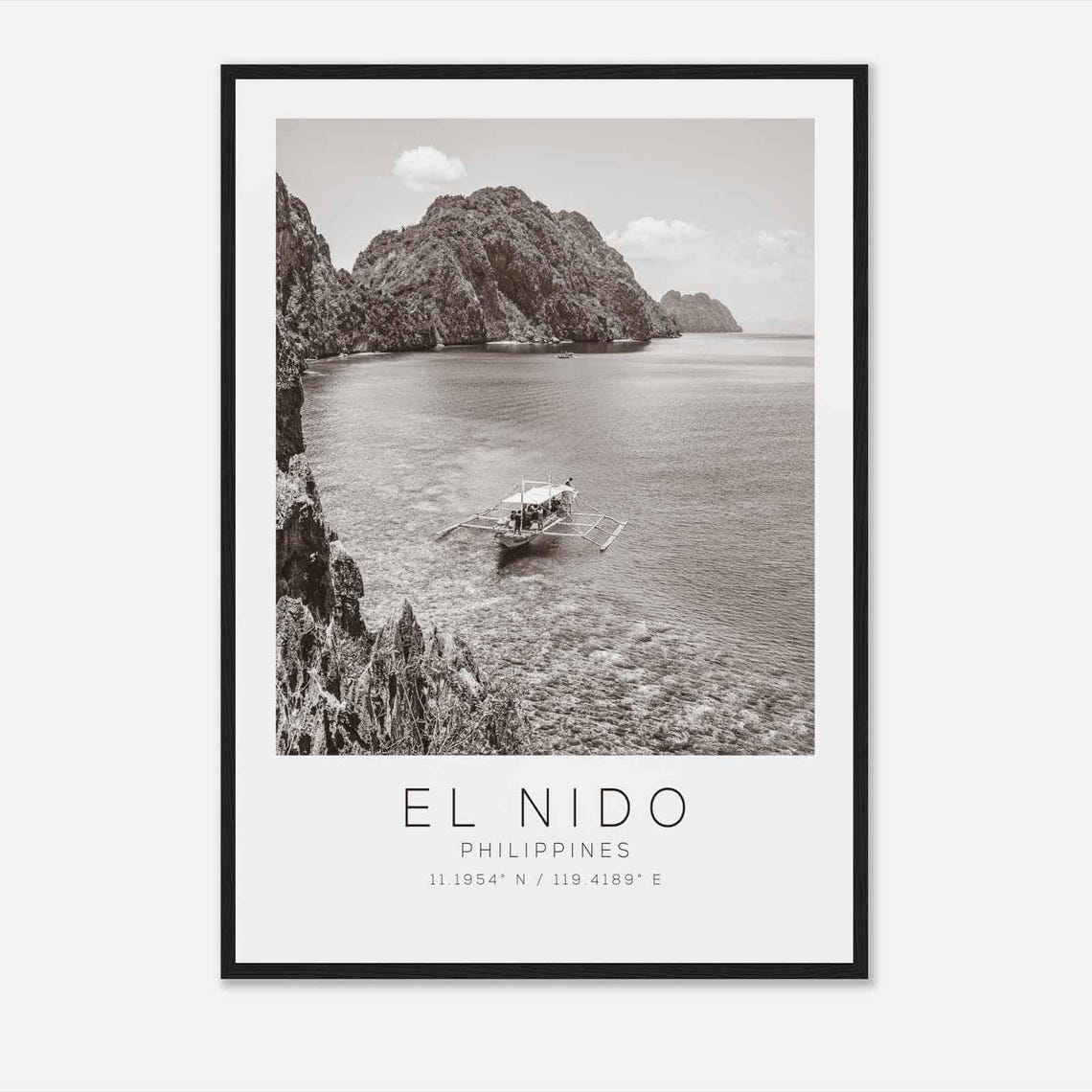 El Nido Philippines Black White Minimalist Lagoon Boat Poster