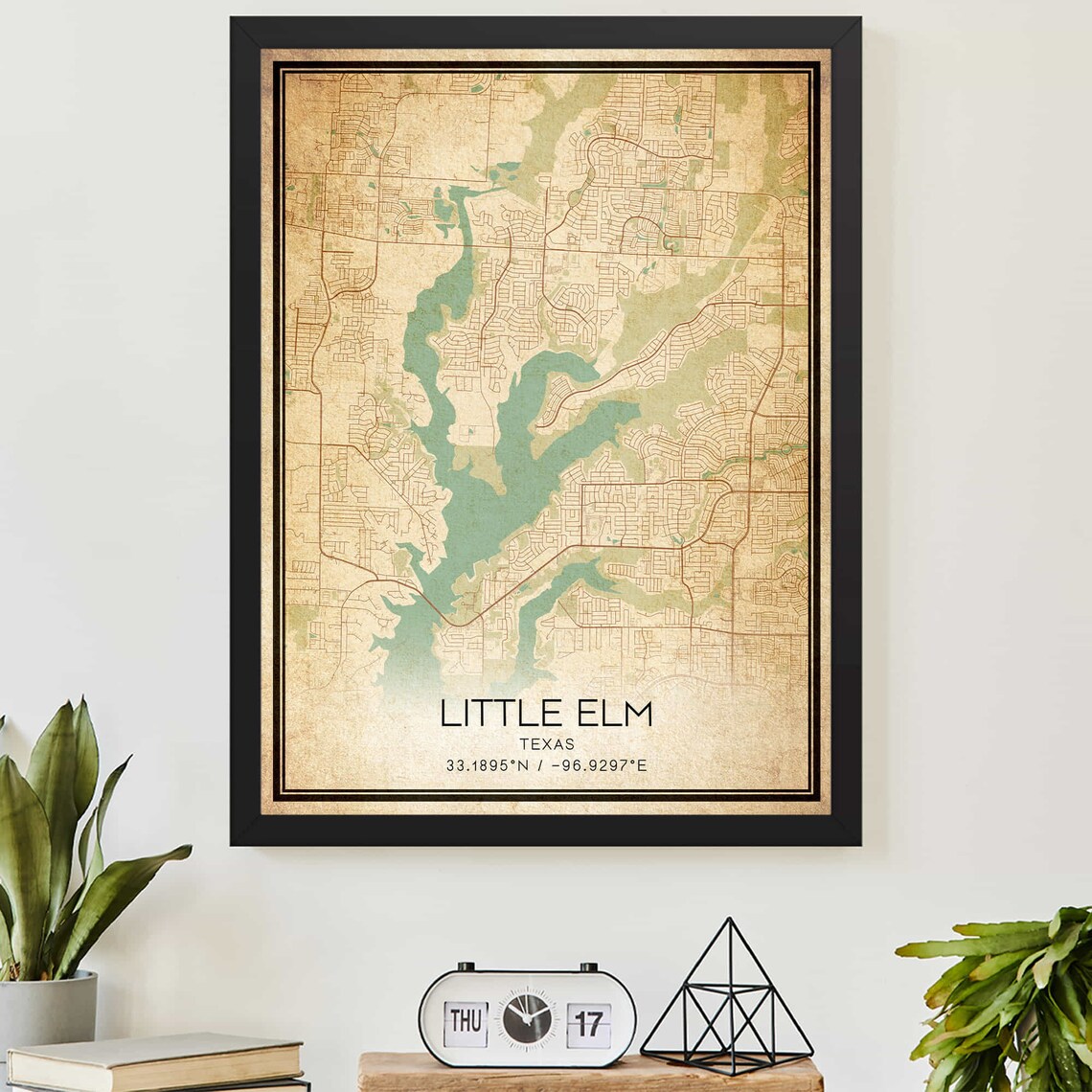 Vintage Little Elm Texas Map Poster Antique Lakeside Wall Decor