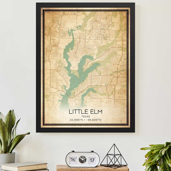 Vintage Little Elm Texas Map Poster Antique Lakeside Wall Decor