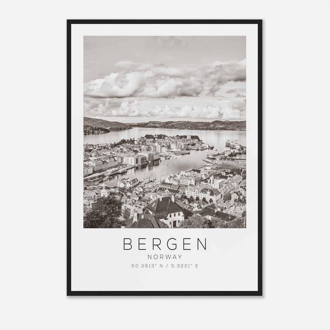 Bergen Norway Fjord Aerial Panorama Black White Photo Poster