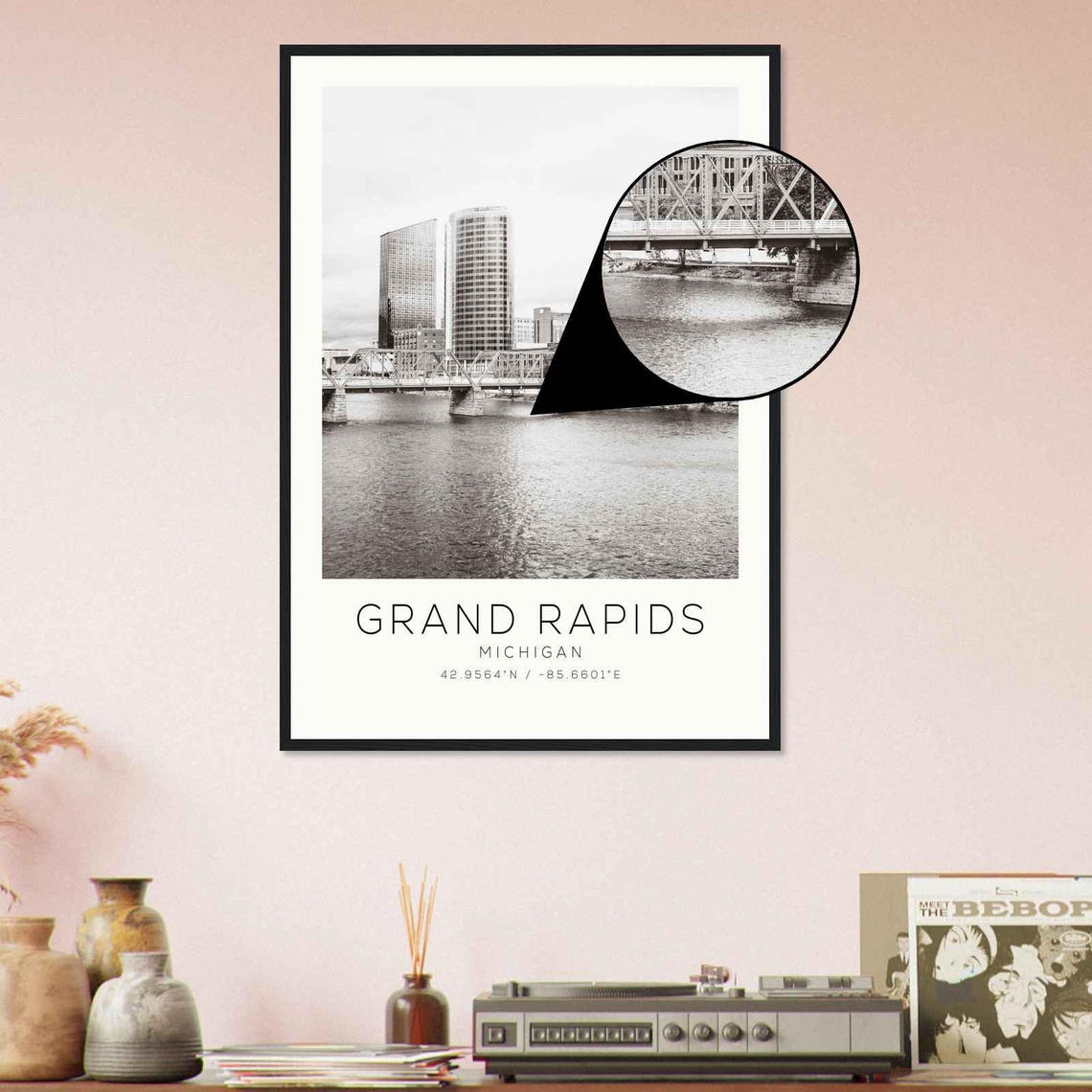 Grand Rapids Michigan River Bridge Skyline Black White Photo Poster - Image 4