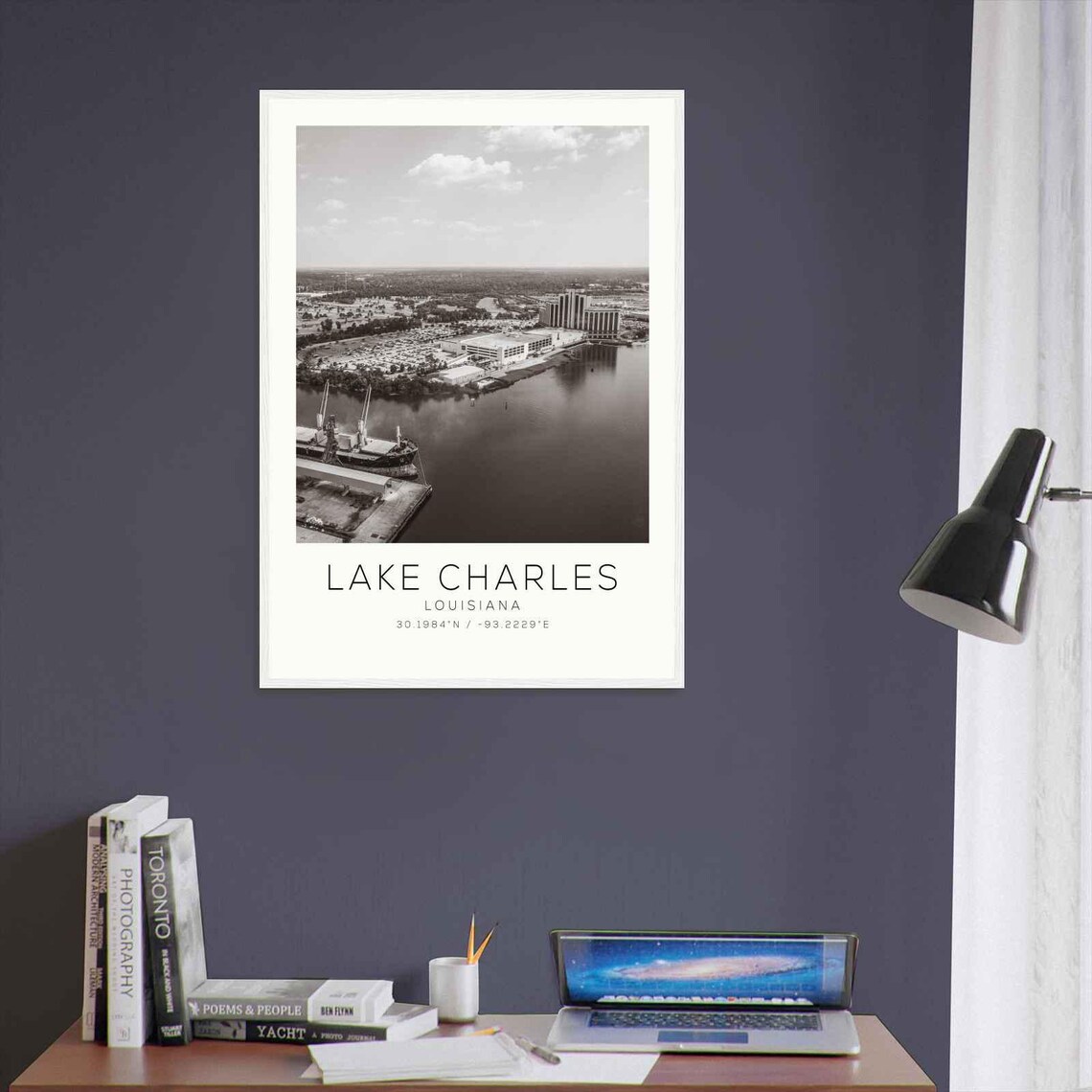 Lake Charles Louisiana Waterfront Ship Aerial Black White Photo Poster - Image 3
