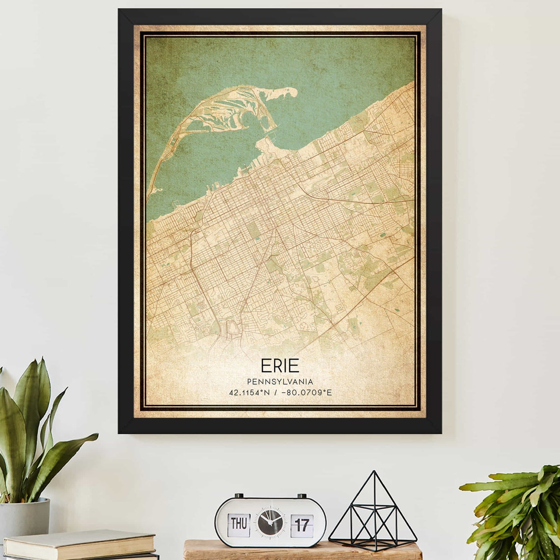 Erie Pennsylvania Vintage Lake Map Antique Style Wall Decor Art Print