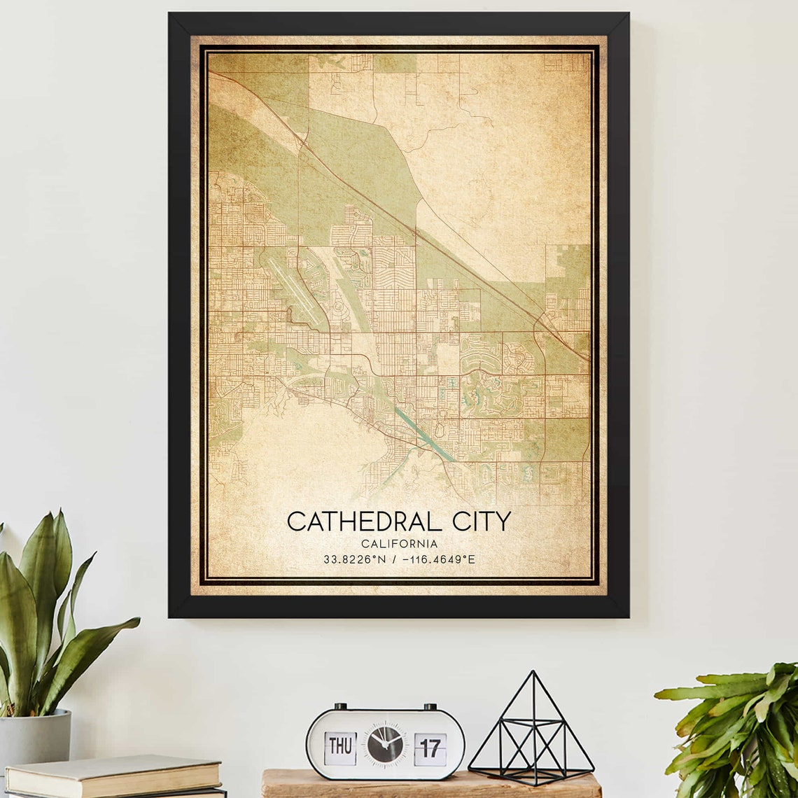 Cathedral City California Vintage City Map Antique Style Poster