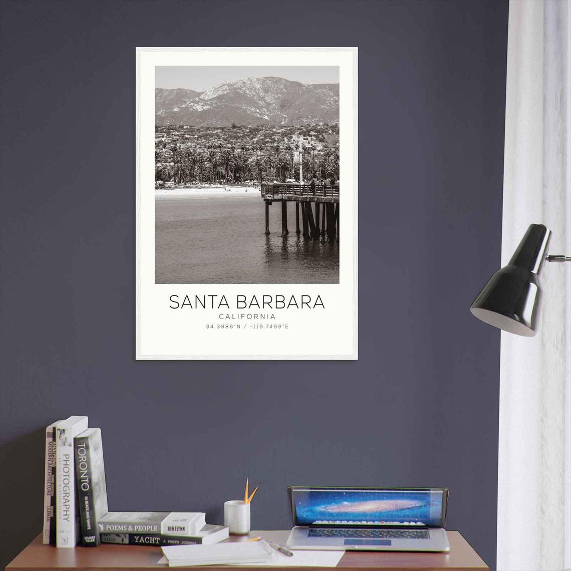 Santa Barbara California Pier Palm Trees Beach Monochrome Photo Poster - Image 3