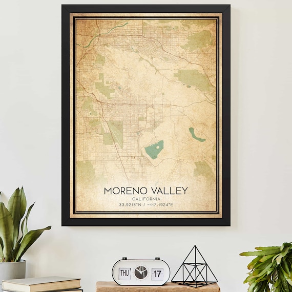 Moreno Valley California Vintage City Map Poster with Map Coordinates