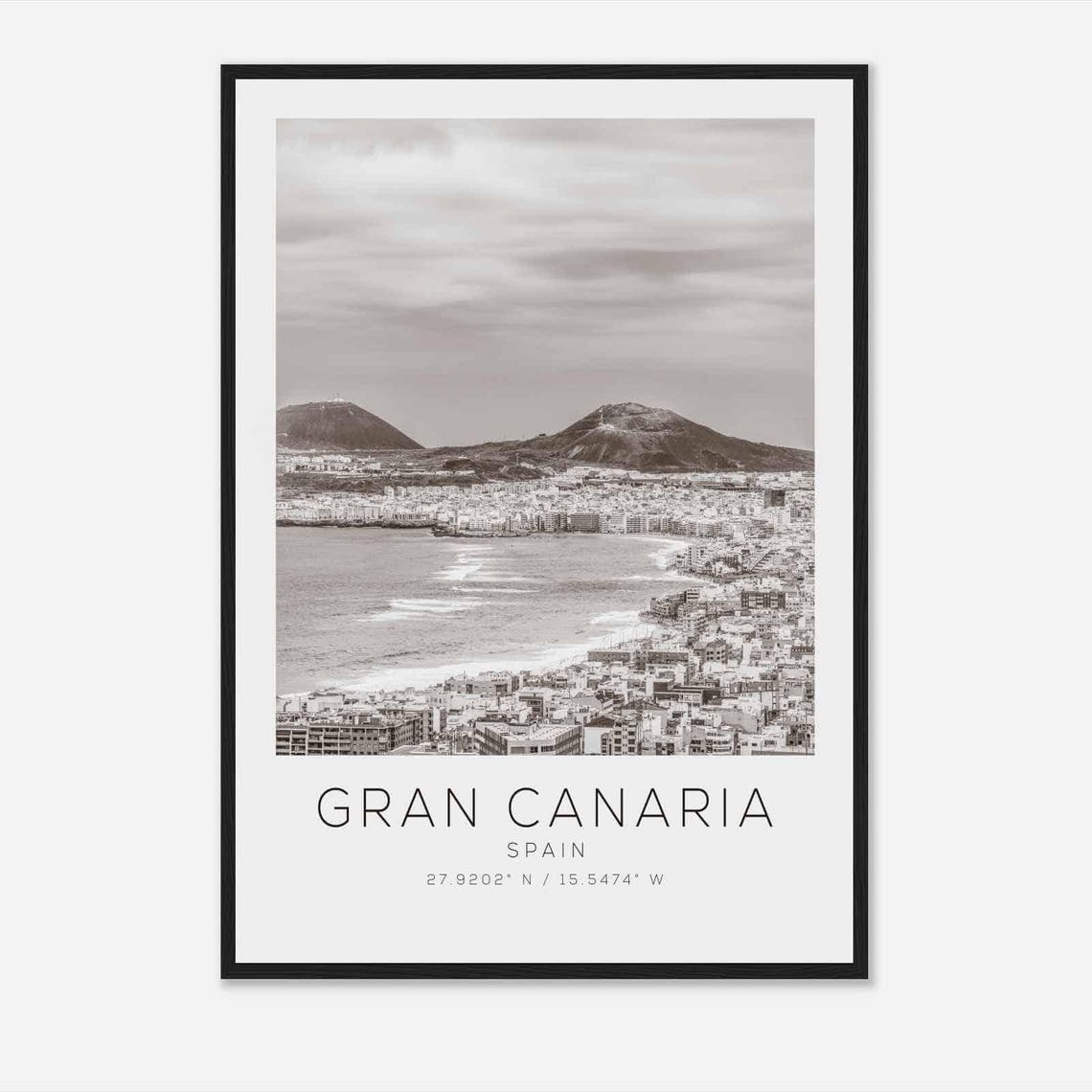 Gran Canaria Spain Black and White Coast City Volcano View Poster