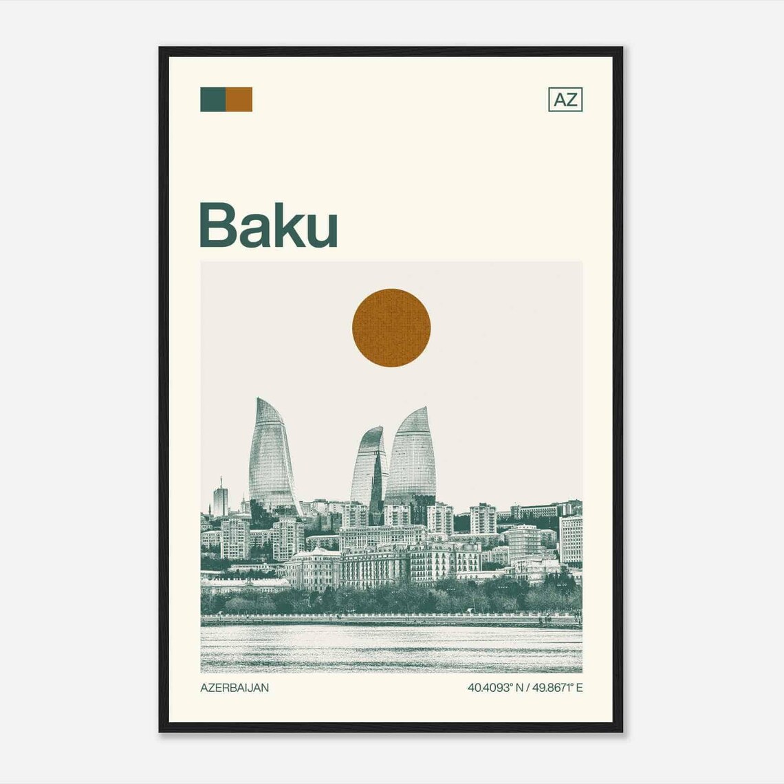 Baku Azerbaijan Flame Towers Skyline Duotone View Art Poster