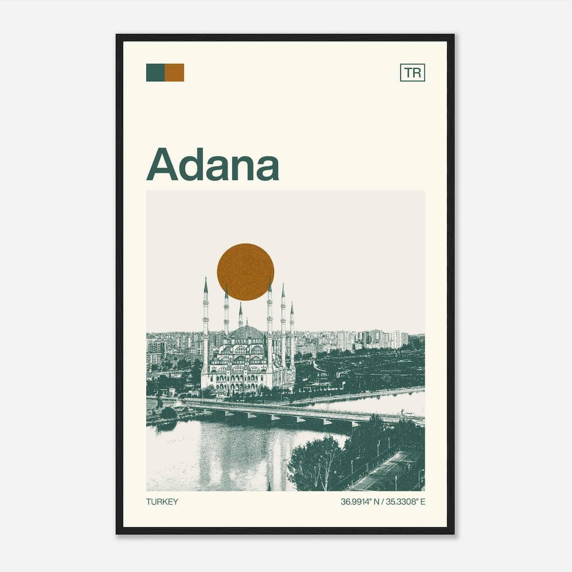 Adana Turkey Grand Mosque Riverside Sun Minimalist Travel Poster