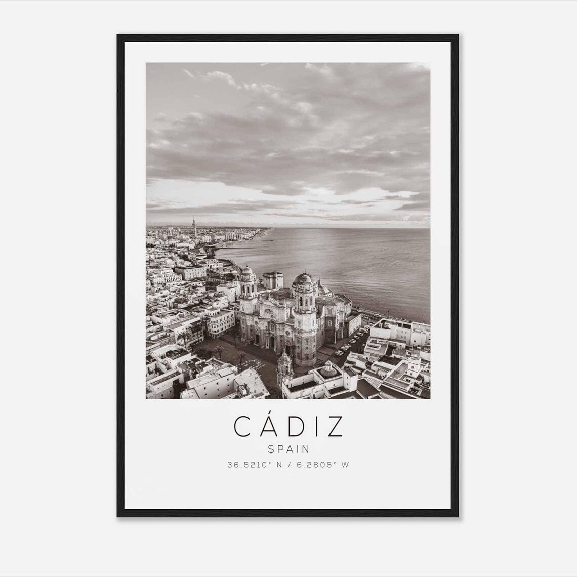 Cadiz Spain Aerial Cathedral Coastal City Black White Photo Poster