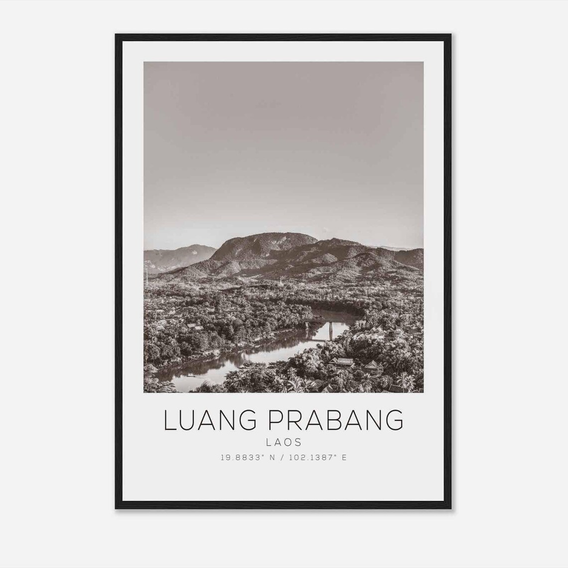 Luang Prabang Laos Mekong River Town Black and White Photo Poster