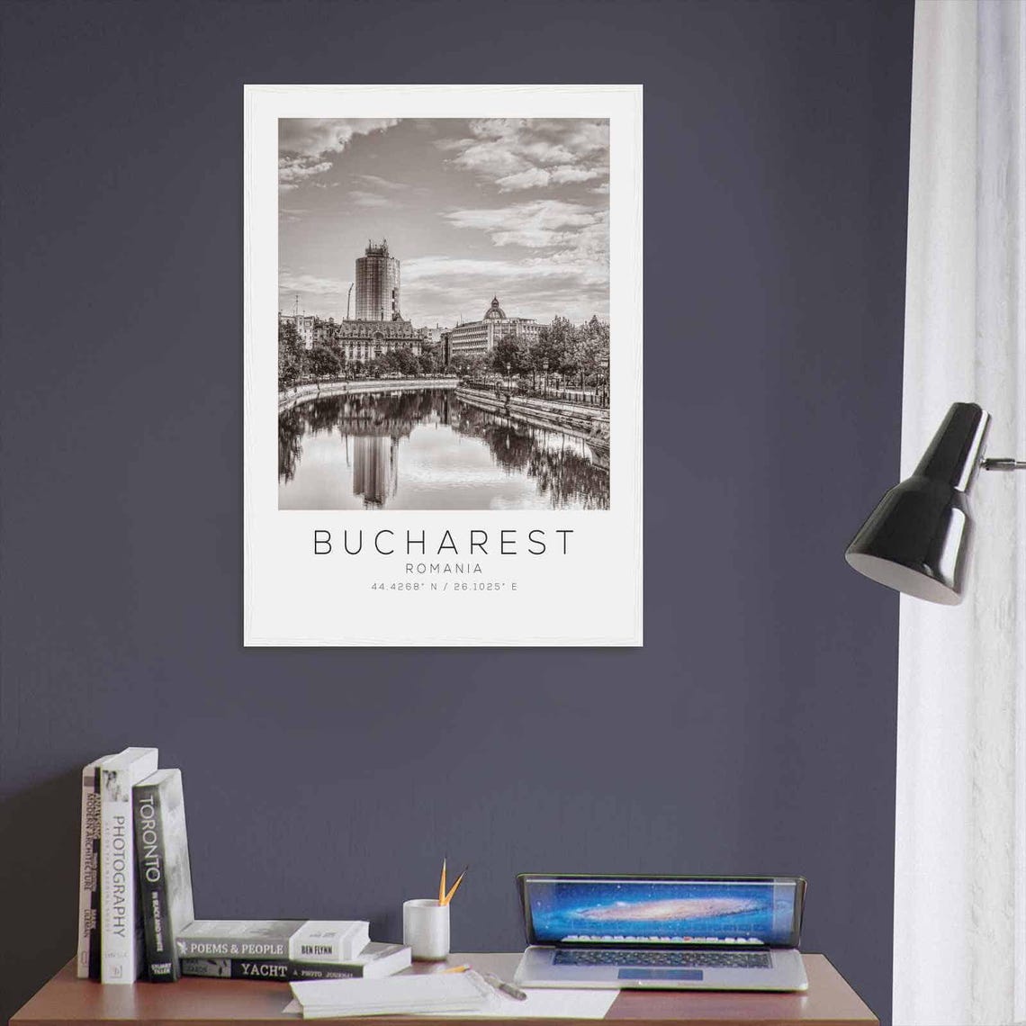 Bucharest Romania River Cityscape Reflections Black White Photo Poster - Image 3