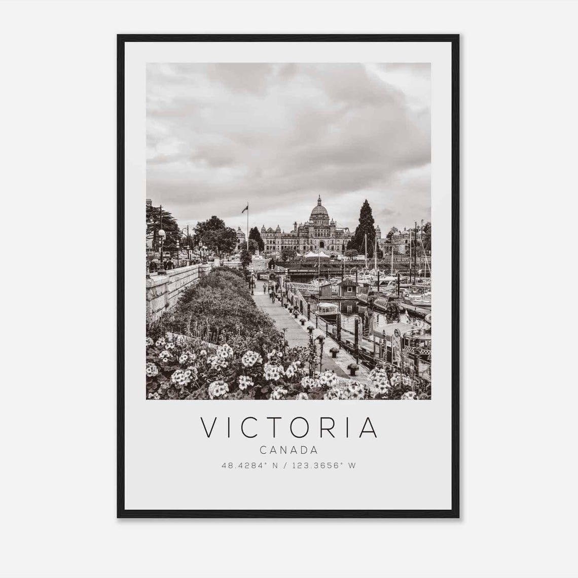 Victoria Canada Inner Harbour Flowers Parliament Black White Poster