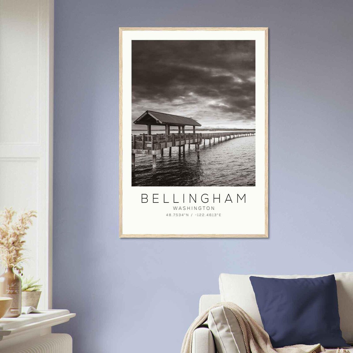 Bellingham Washington Wooden Pier Stormy Sky Black White Travel Poster - Image 2