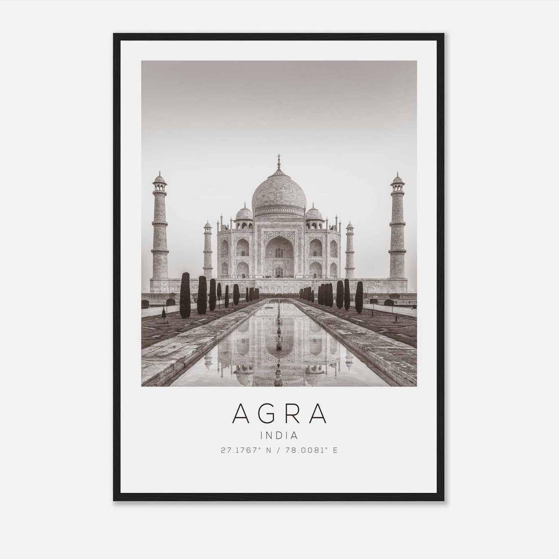 Agra India Black White Taj Mahal Reflecting Pool Travel Poster