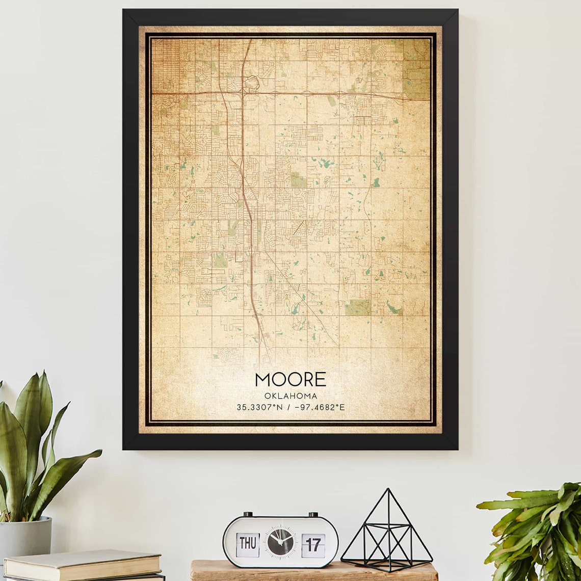 Moore Oklahoma Vintage Map Art Print with Coordinates City Streets