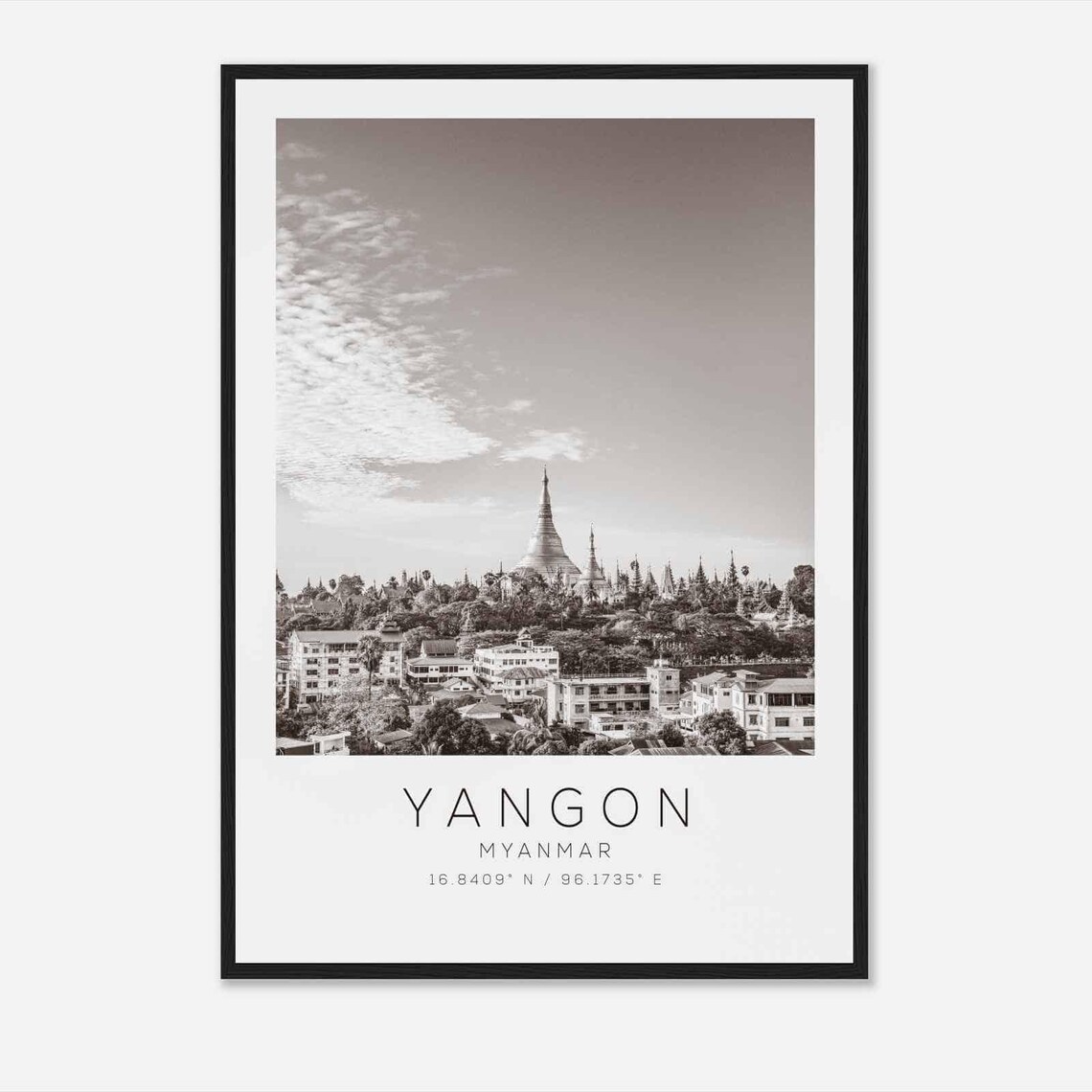 Yangon Myanmar Shwedagon Pagoda City Skyline Black White Poster
