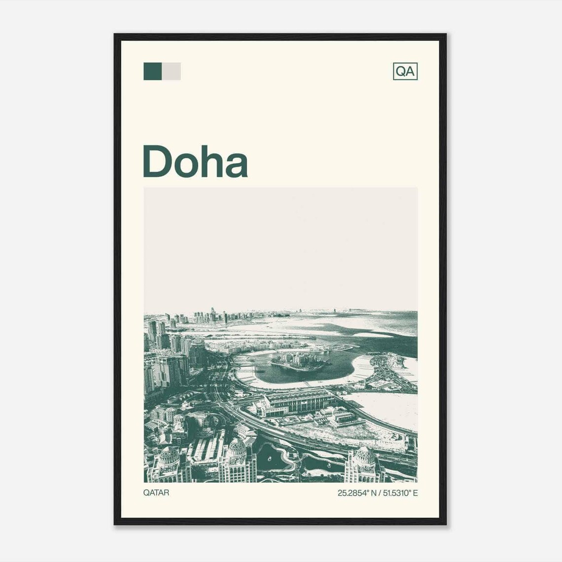 Doha Qatar Aerial Coast Skyline Minimalist Modern Travel Art Poster
